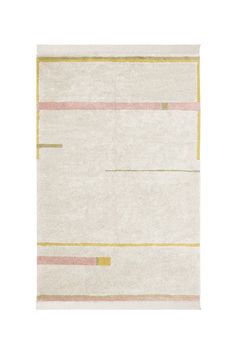 a white rug with pink, yellow and green stripes on the bottom half of it