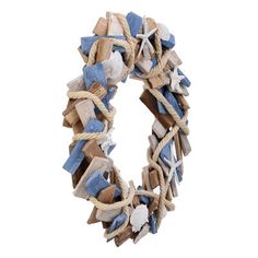 a bracelet made out of wooden blocks and rope with starfishs on it, against a white background