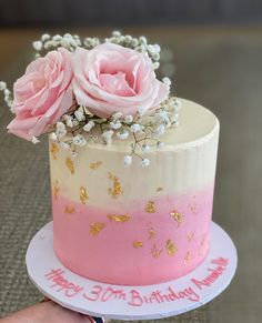 a birthday cake with pink and white frosting, decorated with flowers on the top