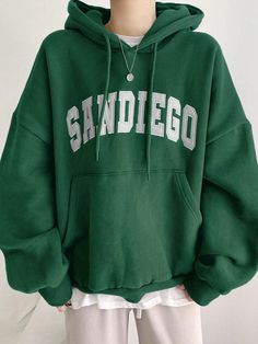 DAZY Embroidery Letter Pattern Kangaroo Pocket Drop Shoulder Drawstring HoodieI discovered amazing products on SHEIN.com, come check them out! Hoodie Cozy, Green Hoodie, Drawstring Hoodie, 로고 디자인, Oversized Sweatshirt, Oversize Hoodie, Graphic Hoodies, Long Sleeve Hoodie, Fashion Online Shop