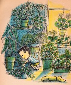 a drawing of a boy playing in the garden