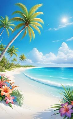 an image of a tropical beach scene with palm trees and flowers on the shore line