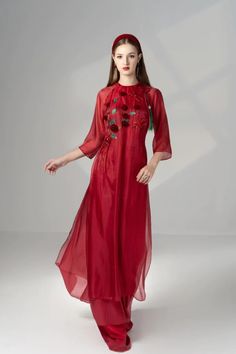 Scarlet Straight Round Neck Silk Organza Floor Length Ao Dai | MEAN BLVD Floor-length Silk Gown For Banquet, Elegant Maxi Length Ao Dai For Formal Occasions, Elegant Formal Maxi Length Ao Dai, Elegant Formal Ao Dai Maxi Length, Red Silk Dress For Formal Occasions, Elegant Red Ao Dai For Evening, Elegant Red Ao Dai For Banquet, Elegant Fitted Silk Ao Dai, Elegant Floor-length Ao Dai For Banquet