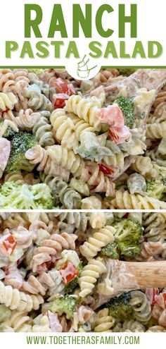 Ranch pasta salad pin with two images and a text overlay. Pasta With Ranch Dressing, Ranch Broccoli Pasta Salad, Pasta Dishes Cold, Pasta Salad For 2, Pasta Salad Recipes For Two, Easy Ranch Pasta Salad Recipes, Pasta Salad Recipes Mayonnaise, Pasta Salad Recipes Without Cheese, Cold Pasta Salad Lunch Ideas