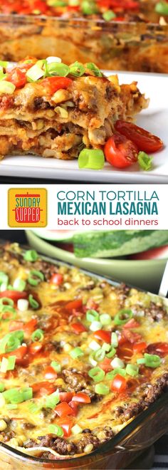 mexican lasagna casserole with corn tortilla toppings on top