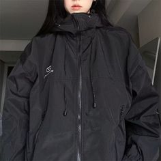 Big Jacket Aesthetic, Waterproof Jacket Aesthetic, Black Jacket Oversized, Black Windbreaker With Stand Collar For Outdoor, Hooded Techwear Windbreaker With Zipper Closure, Black Hooded Jacket With Stand Collar For Outdoor, Techwear Style Parka With Zipper For Streetwear, Black Stand Collar Hooded Jacket For Outdoor, Solid Color Windbreaker With Stand Collar For Streetwear