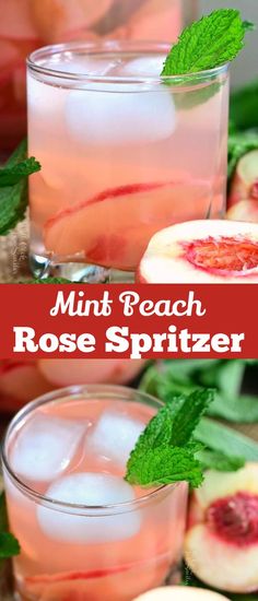 two glasses filled with mint peach rose spritzers