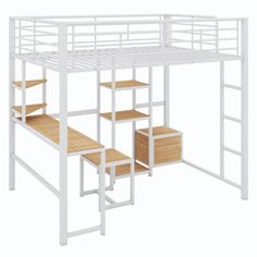 a white loft bed with wooden steps and drawers on the bottom level is shown in front of a white background