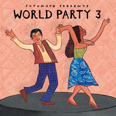 a man and woman dancing on top of a black object with the words world party