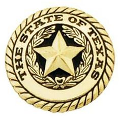 a badge with the state of texas written in gold and black, on a white background