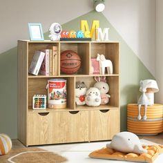 a child's room with toys, bookshelf and stuffed animals on the floor