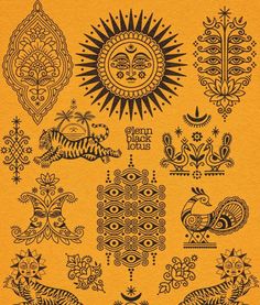 an orange background with black and white designs on the bottom half of it, including sun,