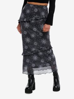 Cast a spell and channel those witchy vibes into spring! This midi skirt features tiered layers with lettuce hems  plus an allover monotone celestial design. Comes with an elasticated waistband.95% polyester; 5% elastaneWash cold; dry lowStretchy materialLength: 51''ImportedListed in junior sizesModel is 5'9''Model wears size Small Midi Skirt Plus Size, Cosmic Aura, Plus Size Hot, Celestial Design, Clothing Finds, Celestial Sun, Tiered Midi Skirt, Cast A Spell, Skirt Plus Size