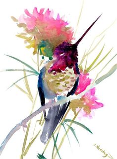 a watercolor painting of a hummingbird sitting on a branch with pink flowers in the background