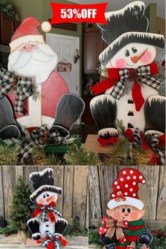 two snowmen with hats and scarfs are on display in front of a wooden fence