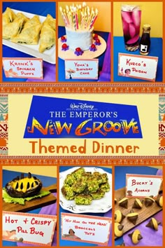 the emperor's new groove themed dinner is displayed in front of an orange and blue background