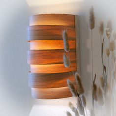 a wall light that is on the side of a wall next to some flowers and grass