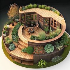 an aerial view of a circular wooden deck with plants and seating on the top floor