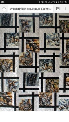 an image of a quilt made with horses and other animals on the same fabric as it is being displayed