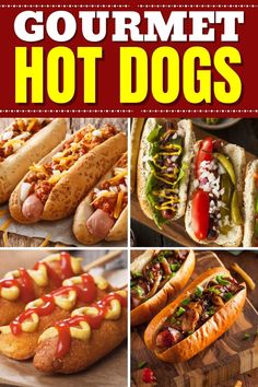 the cover of gourmet hot dogs is shown in red and yellow, with different toppings