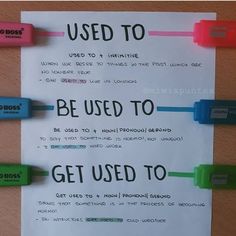 three pens are attached to a paper with the words, used to be used to