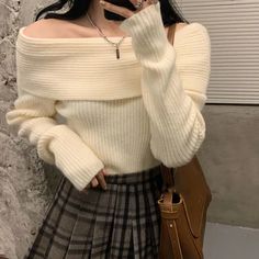 Shoulder Off, Y2k Clothing, Y2k Clothes, Korean Aesthetic, Knitwear Fashion, Knitted Tops, Off Shoulder Sweater, Knitting Women Sweater, Plaid Skirt