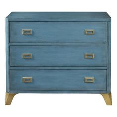 a blue chest of drawers with brass handles and knobs on the bottom, against a white background