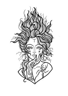 a black and white drawing of a woman's face with long hair, holding a flower in her left hand