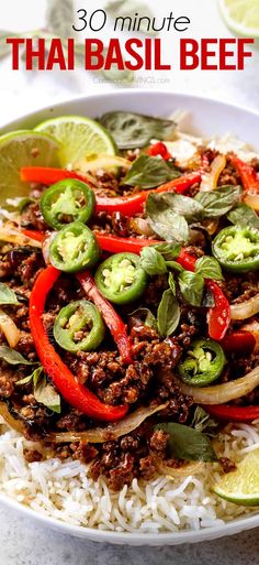 thai beef on rice with limes and peppers