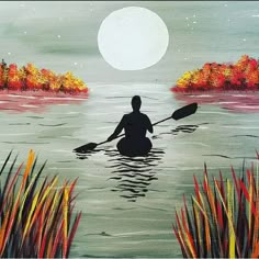 a painting of a man paddling his kayak in the water under a full moon