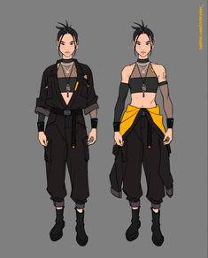 the character is wearing black and yellow clothing with two different types of clothes on it