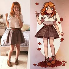 a girl is standing in front of a bed and looking at her cell phone while wearing a skirt