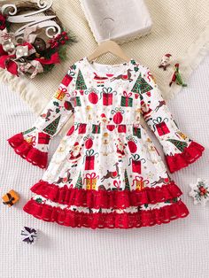 Multicolor Cute Collar Long Sleeve Fabric Christmas A Line Embellished Slight Stretch  Young Girls Clothing Baby Christmas Outfit, Girl Christmas, Colorful Christmas, Sweet Christmas, Girls Sweet, Christmas Print, Ruffle Hem Dress, Christmas Girl, Christmas Prints