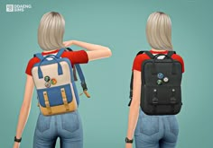 the back view of a woman with a backpack on her shoulder and another person standing behind her