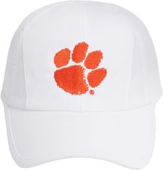 a white hat with an orange paw print on the front and back side, which reads clemson