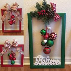 three christmas ornaments hanging on the wall in different frames with ribbons and bows around them