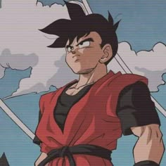 an anime character with black hair and red vest standing in front of the sky, holding his hands on his hips