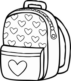 a backpack with hearts on the front and back pocket, outlined in black and white