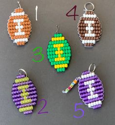 four different beaded ornaments are shown in the shape of an egg, football and soccer ball