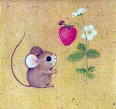 a little mouse sitting next to a flower and a strawberry on a piece of paper