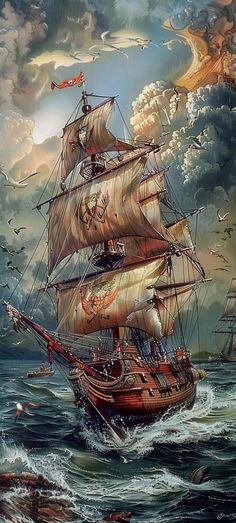 a painting of an old sailing ship in the ocean with birds flying around and clouds above