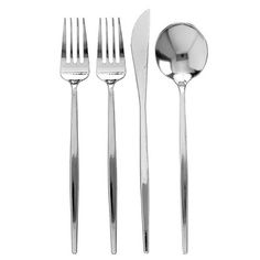 an assortment of silverware including forks, knives and spoons on a white background