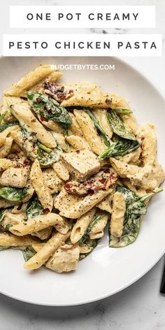 one pot creamy pesto chicken pasta on a white plate with the title above it