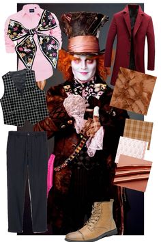 a collage of clothing and accessories including a clown