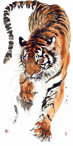 a painting of a tiger walking across a white ground