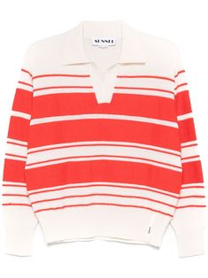 brick red/chalk white wool blend 3D-knit construction horizontal stripe pattern spread collar V-neck long sleeves ribbed cuffs and hem Latest Sweater, Cotton Jumper, Chalk White, Solid & Striped, Silk Wool, Brick Red, Fashion Books, Striped Sweater, Knit Jumper