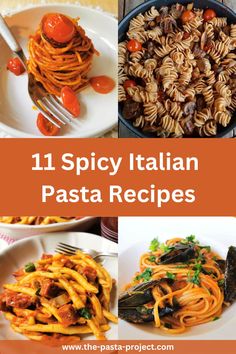 different pasta dishes with the words 11 spicy italian pasta recipes on top and below them