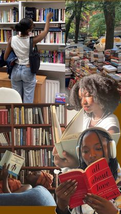 the collage shows people reading books in front of many bookshelves and trees