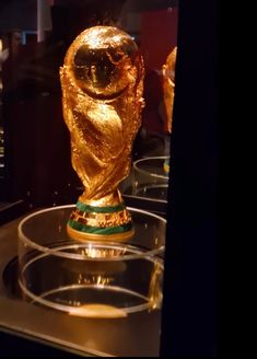 the golden soccer trophy is on display