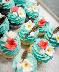 there are many cupcakes with blue frosting and flowers on them